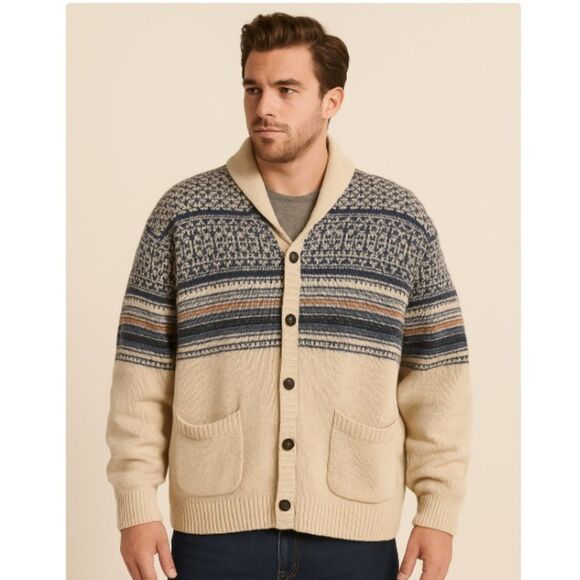 Lucky Brand Cardigan Sherpa Lined Southwestern Grandpa Sweater Shawl Collar L - Picture 1 of 6